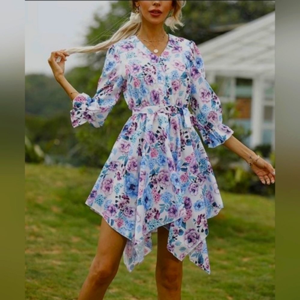 Vrkufie | Blue & White Floral V-Neck Handkerchief Dress by zulily